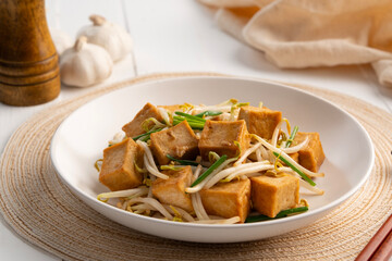 Stir fried Hard Soybean Tofu with bean sprouts in white plate.healthy vegetarian food.Asian style