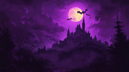 Fototapeta premium Spooky haunted Halloween casted in the forest background with pumpkin, flying bats and night moon.