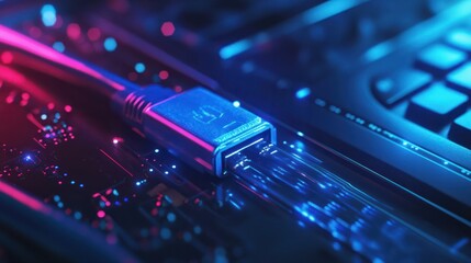 close up on laptop port interface with blue an cable connected to transfer bandwidth and usage internet data to global network for internet technology transmission service concept