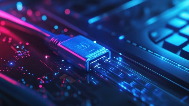 close up on laptop port interface with blue an cable connected to transfer bandwidth and usage internet data to global network for internet technology transmission service concept