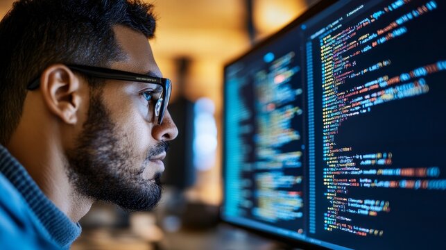 A focused developer is wearing glasses while working on a computer, focusing on a close-up view of the eye while looking at programming code, data, cyber security, and digital technology reflected.