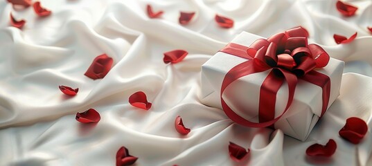 Elegant Valentine's Day Gift Box with Red Ribbon on Silk for Romantic Occasions