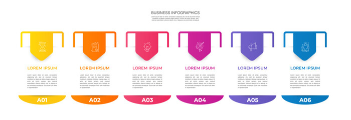 Vector template arrow infographics with 6 steps. Business premium creative concept with options, labels, parts. Six steps for content, flowchart, timeline, levels, presentation.