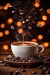 Obraz premium Aromatic coffee scene with swirling steam and floating beans on rustic wooden table