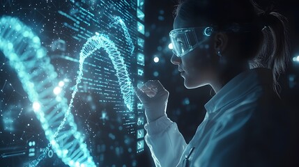 Scientist Manipulating Virtual DNA Strand in Holographic Interface for Digital Data Storage