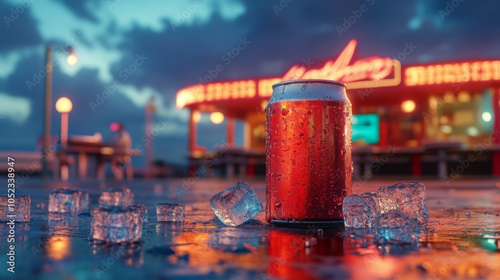 Poster amidst a vibrant twilight setting, a can of soda rests on a slick surface surrounded by ice cubes, w