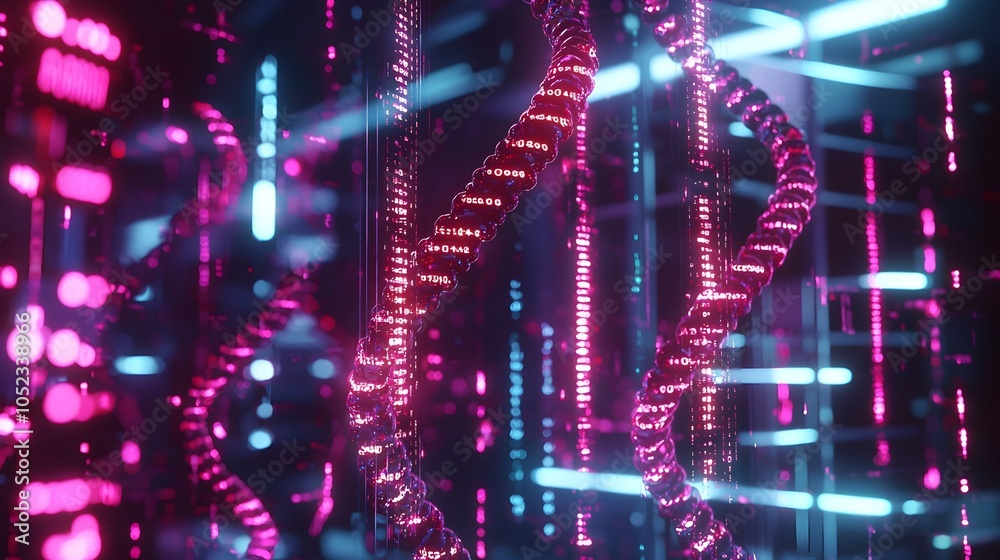 Poster futuristic laboratory encoding binary data into glowing dna strands for storage concept