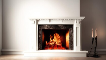 A classic white fireplace with a warm, glowing fire inside. The flames add a cozy ambiance. Generated with AI.