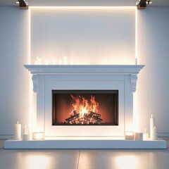 A classic white fireplace with a warm, glowing fire inside. The flames add a cozy ambiance. Generated with AI.