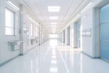 Fototapeta premium A long hospital bright white brown corridor architecture flooring building. Image .