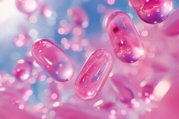 floating pink capsules, medicines, vitamins