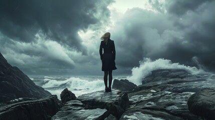Businesswoman Facing Stormy Seas - Symbolizing Challenges and Resilience in the Corporate World