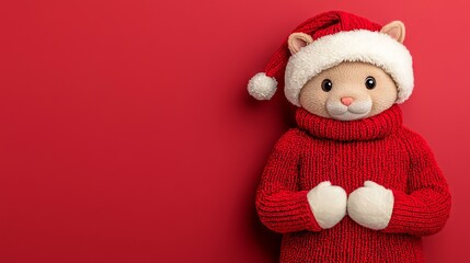 Cute Christmas Cat in Red Knit Sweater and Santa Hat