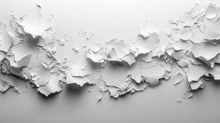 Obraz premium shredded paper edges with soft textures, scattered on a clean white background, casting delicate shadows, creating an organic, artistic effect reminiscent of craft art