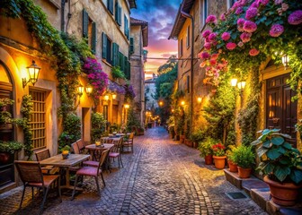 Obraz premium Cozy Long Exposure Street Scene in Trastevere, Rome - Serene European Night Life