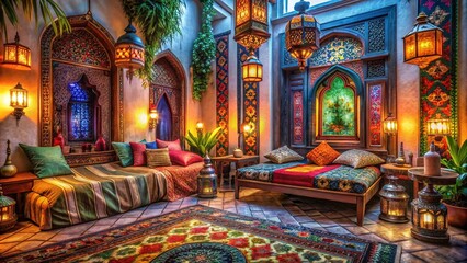 Obraz premium Cozy Moroccan Bedroom with Warm Lighting - Tranquil Retreat for Relaxation and Inspiration