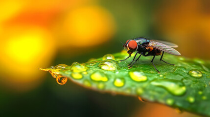 Naklejka premium Fly on a leaf in macro photography 