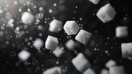 Floating sugar cubes with light bokeh in the background, isolated on a matte black surface