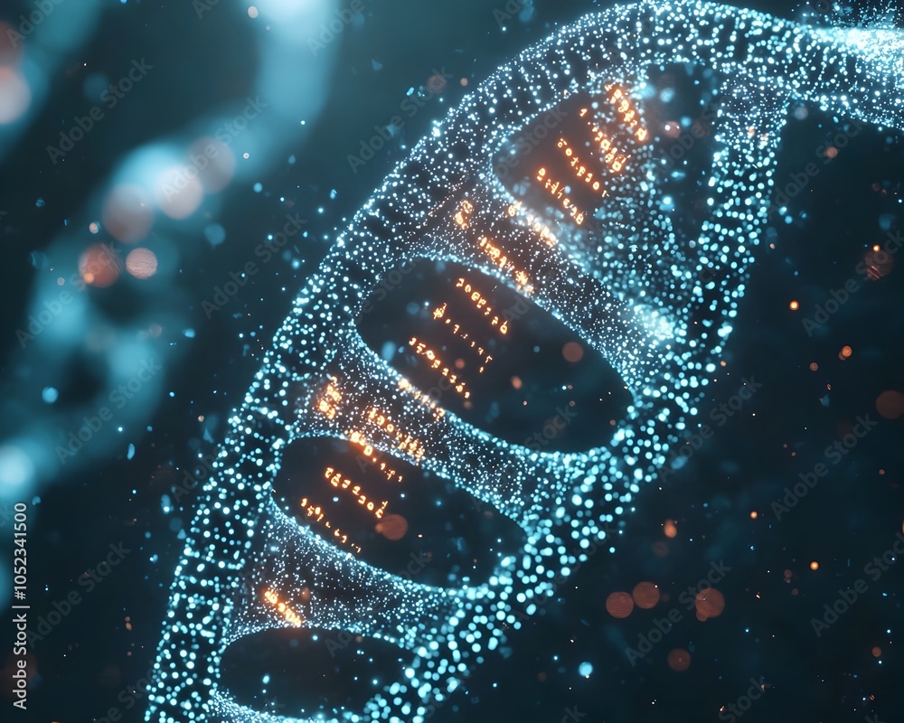 Poster molecular dna strands embedded with binary data showcasing digital data storage concept