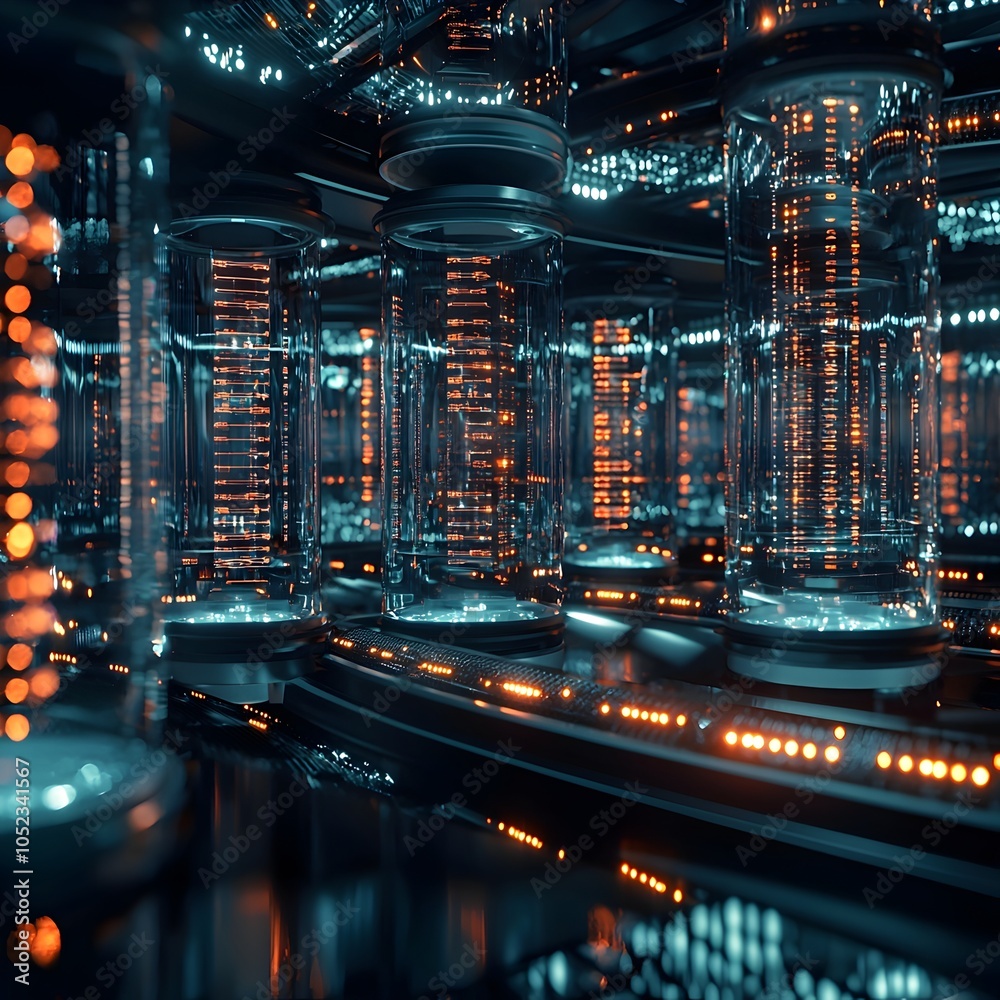 Poster futuristic dna storage facility with transparent vials and encoded binary data