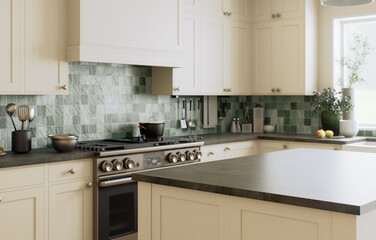 This is a stylish and modern kitchen, decorated with beautiful green accents and an open layout