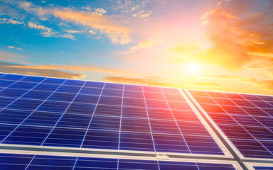 solar panels and sky landscape at sunset, green energy