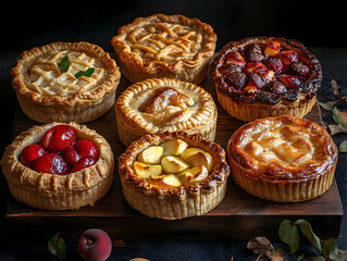 Assorted fruit pies displayed on a wooden board against a dark background, highlighting their unique flavors and textures.