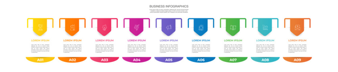 Vector template arrow infographics with 9 steps. Business premium creative concept with options, labels, parts. Nine steps for content, flowchart, timeline, levels, presentation.