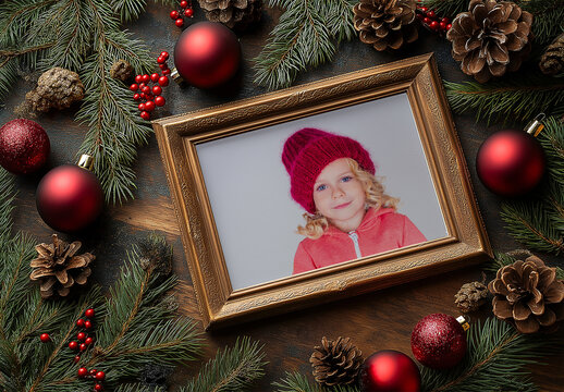 Top View Frame Mockup With Christmas Decorations, Generative ai