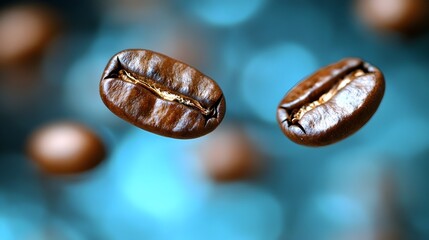 Obraz premium Floating Roasted Coffee Beans in Motion on Blurred Blue Background