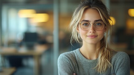 Young woman with glasses smiles confidently in a modern office space during the day, exuding professionalism and approachability