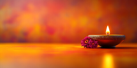 Traditional indian burning lamp and orange flowers. Ethnic decorations for Indian festival of lights Diwali and Pongal. Ugadi, Gudi Padwa. Hindu New Year. Religion concept with copy space