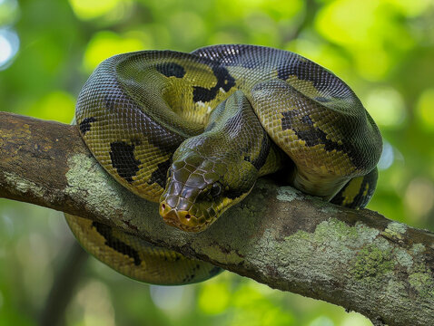 Green anaconda on tree branch