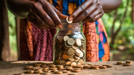 Rural savings: A rural setting with a community member placing money into a savings jar or local bank account, emphasizing the importance of saving in areas with limited financial infrastructure.