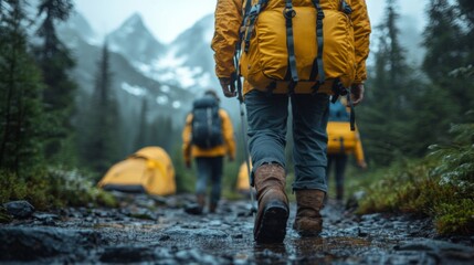 A group of hikers, each with a bright yellow backpack, walks along a rocky trail surrounded by tall trees and mountains in the background. The weather is misty, adding to the atmosphere.