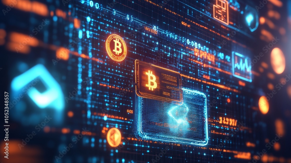 Poster Savings using blockchain: A digital wallet or platform displaying savings growth through blockchain technology, with symbols like blockchain networks and cryptocurrency icons