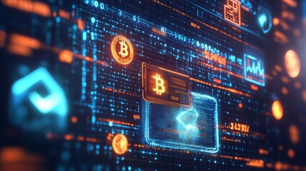 Obraz premium Savings using blockchain: A digital wallet or platform displaying savings growth through blockchain technology, with symbols like blockchain networks and cryptocurrency icons