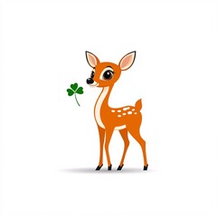 Obraz premium Cute Cartoon Deer Holding Clover in Mouth
