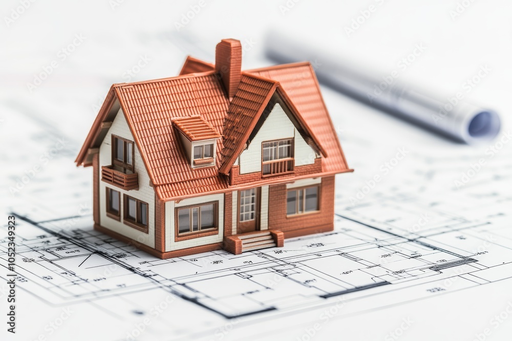 Poster small house model on blueprint, a house model placed on top of a blueprint, illustrating the connect