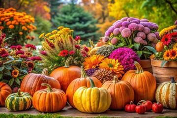 Decorative Pumpkins and Outdoor Flowers for Halloween Harvest Decor