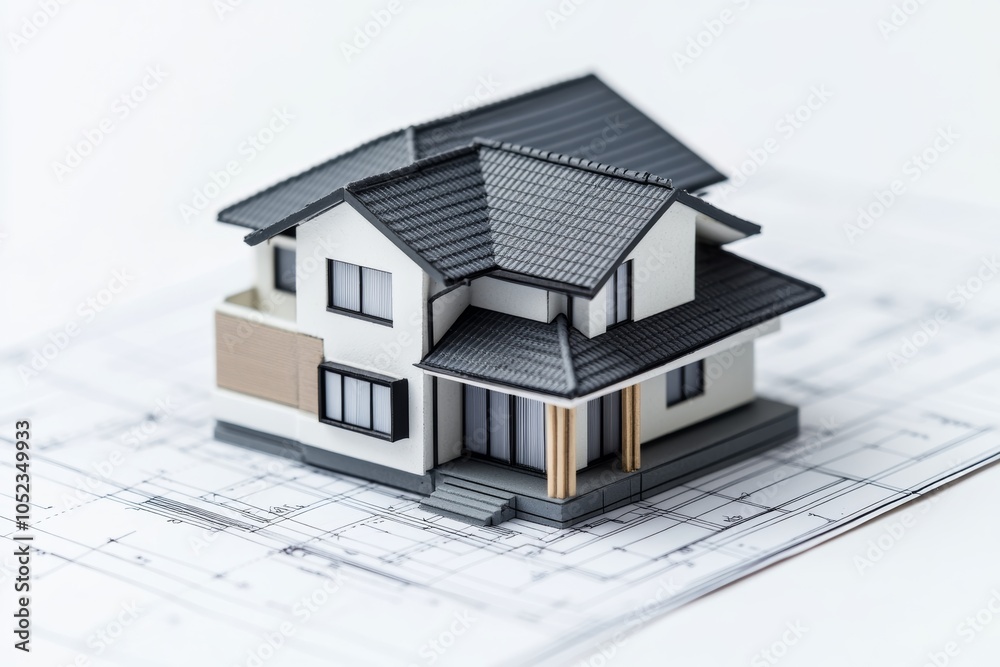 Poster small house model on blueprint, a house model placed on top of a blueprint, illustrating the connect
