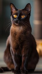 Elegant Burmese Cat Portrait with Dark Brown Fur and Golden Eyes for Luxurious Design