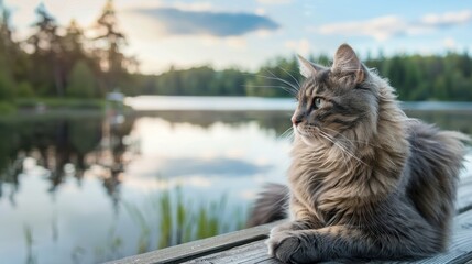 Naklejka premium Norwegian Forest Cat on Deck Overlooking Serene Lake and Forest Landscape