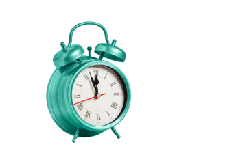 retro clock, pointer clock, blue color alarm clock on isolated white background close up