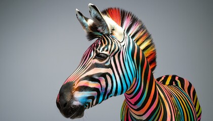 A zebra with colorful stripes in the studio 