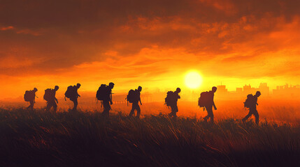 Silhouettes of Hikers Walking at Sunset Towards City Skyline
