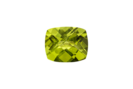 Peridot green faceted old mine cut stone mineral macro photography on white isolated background close up