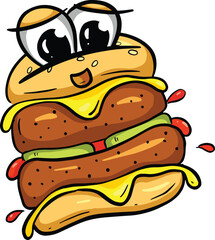 Funny Cartoon Beef Burger Or Cheeseburger Logo Fast Food Illustration