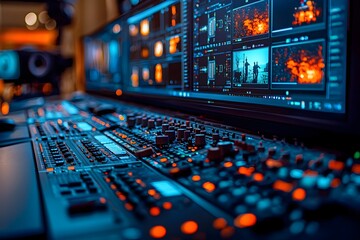 Modern Editing Studio with Advanced Software Interfaces Displayed on Multiple Monitors