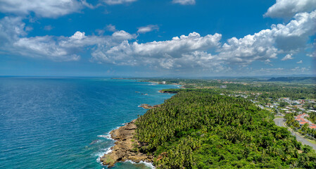 Aerial vantage of the northern coast of Cerro Gordo, Vega Alta, Puerto Rico, showcasing lush green palm forests, rugged coastline, and the vast blue caribbean ocean.
